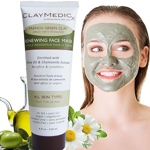CLAYMEDICx FRENCH GREEN CLAY máscara facial 4 fl oz  para todos los tipos de piel  Enriquecido con aceite de oliva y extracto de manzanilla para