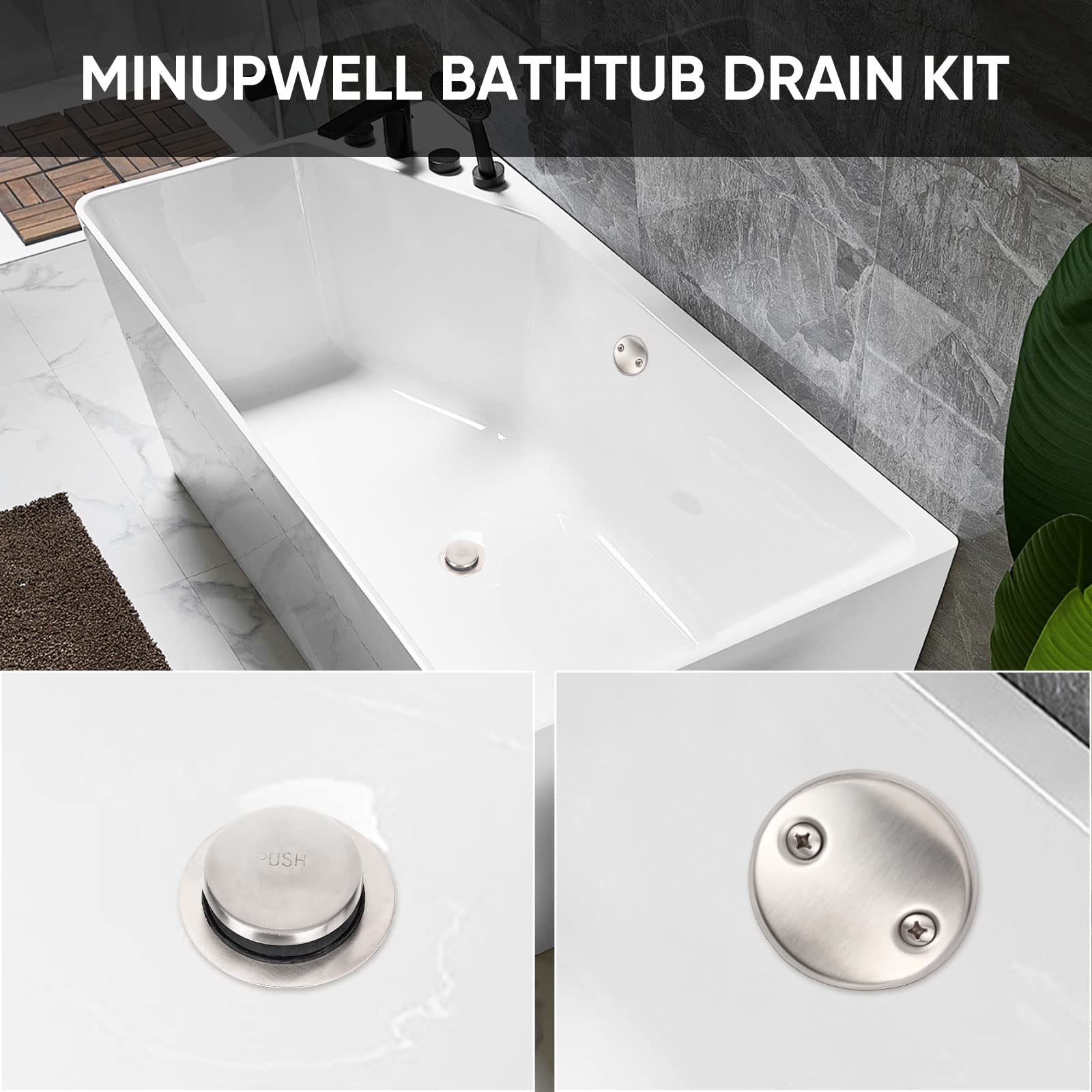 Badewannen-Ablaufgarnitur aus gebürstetem Nickel, 2 Packungen, Umbausatz mit Zwei-Loch-Überlaufblenden, Minupwell Tip-Toe-Ersatz-Badewannen-Ablaufgarnitur mit universeller Fein-/Grobgewindemontage