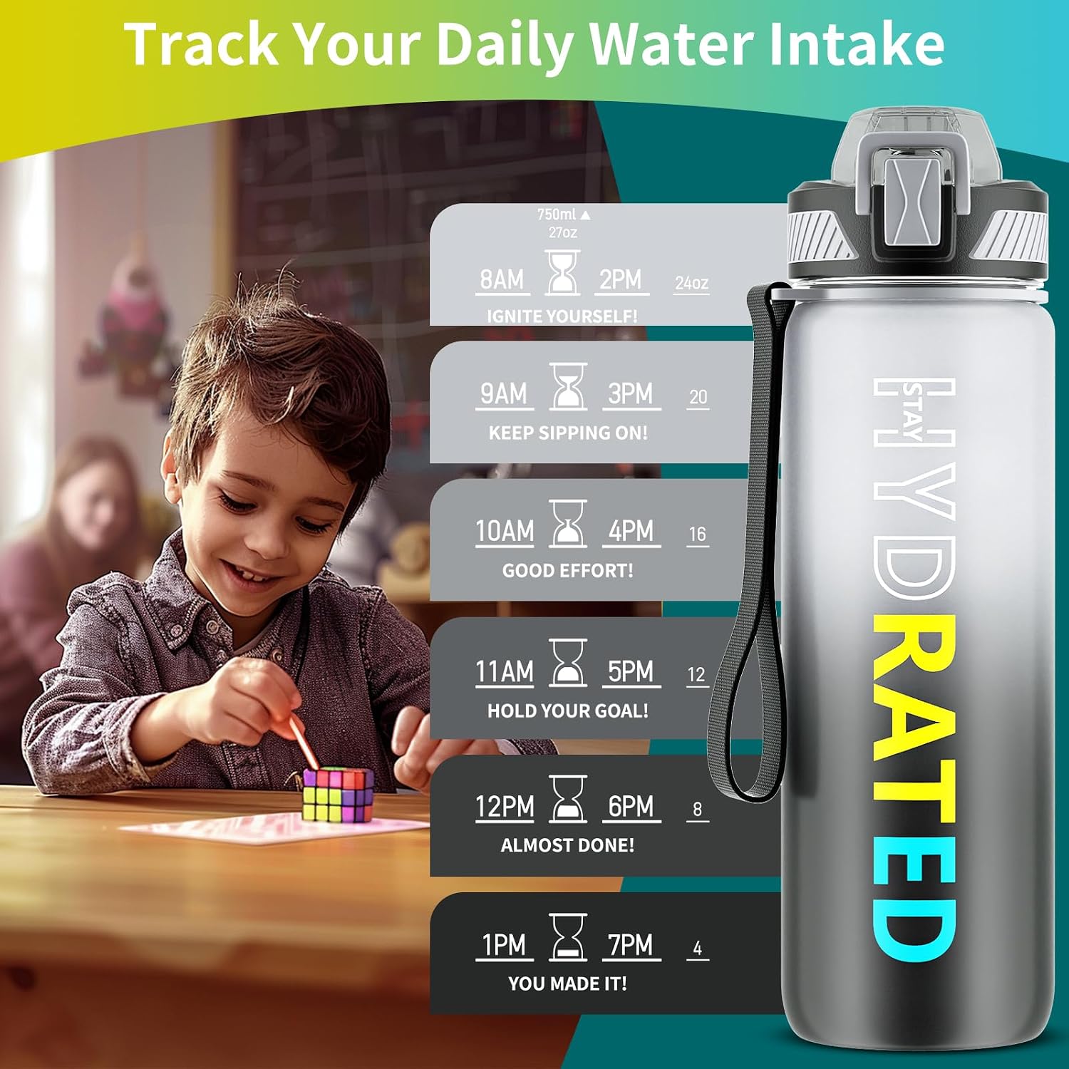 QLUR Water Bottle with Straw, 27oz Motivational Water Bottles with Time Marker to Drink, Tritan BPA Free, 750ml Sports Water Bottle with Carry Strap LeakProof for School Fitness Outdoor (1Pack) image 2