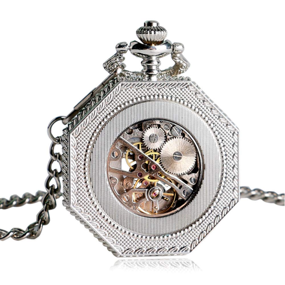 Handwickelnde mechanische Taschenuhr Kette Mode Silber Oktagon Form Skelett Schnitzmänner Uhren