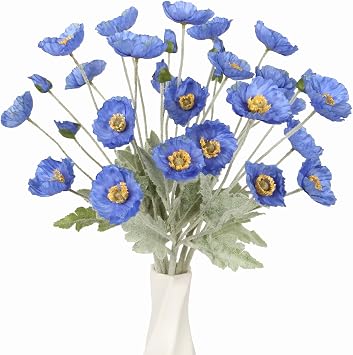 Poppy Flowers Artificial,8PCS Blue Silk Poppy Flowers Faux Poppies with Stem for Wedding Party Table Centerpiece Home DecorBlue