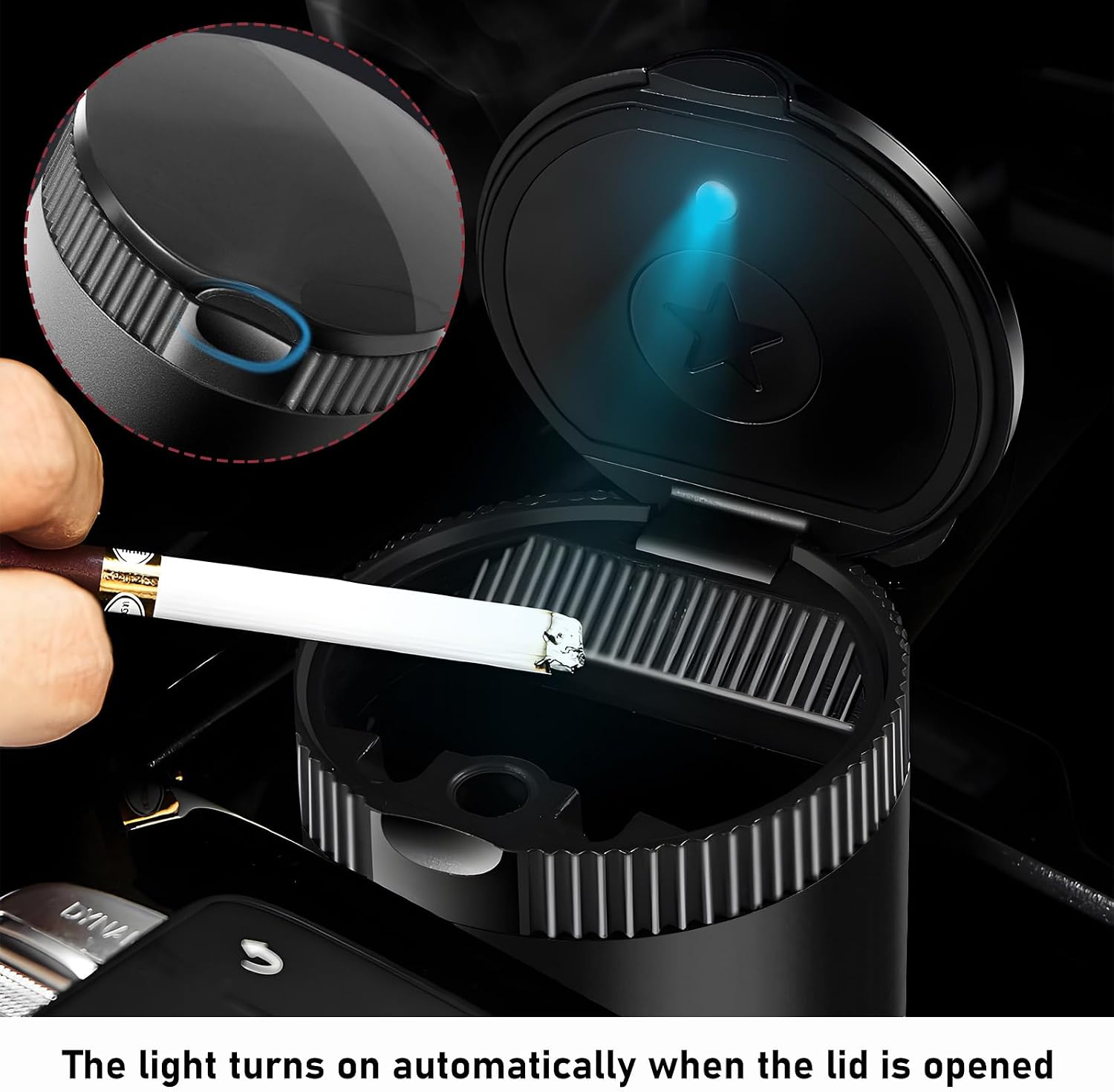 Car Ashtray with Lid, Smell Proof Metal Automotive Ash Tray with LED Blue Light, Smokeless Vehicle Cup Holder Cigarette Ashtray Mini Trash Can, Universal Car Accessories (Black)