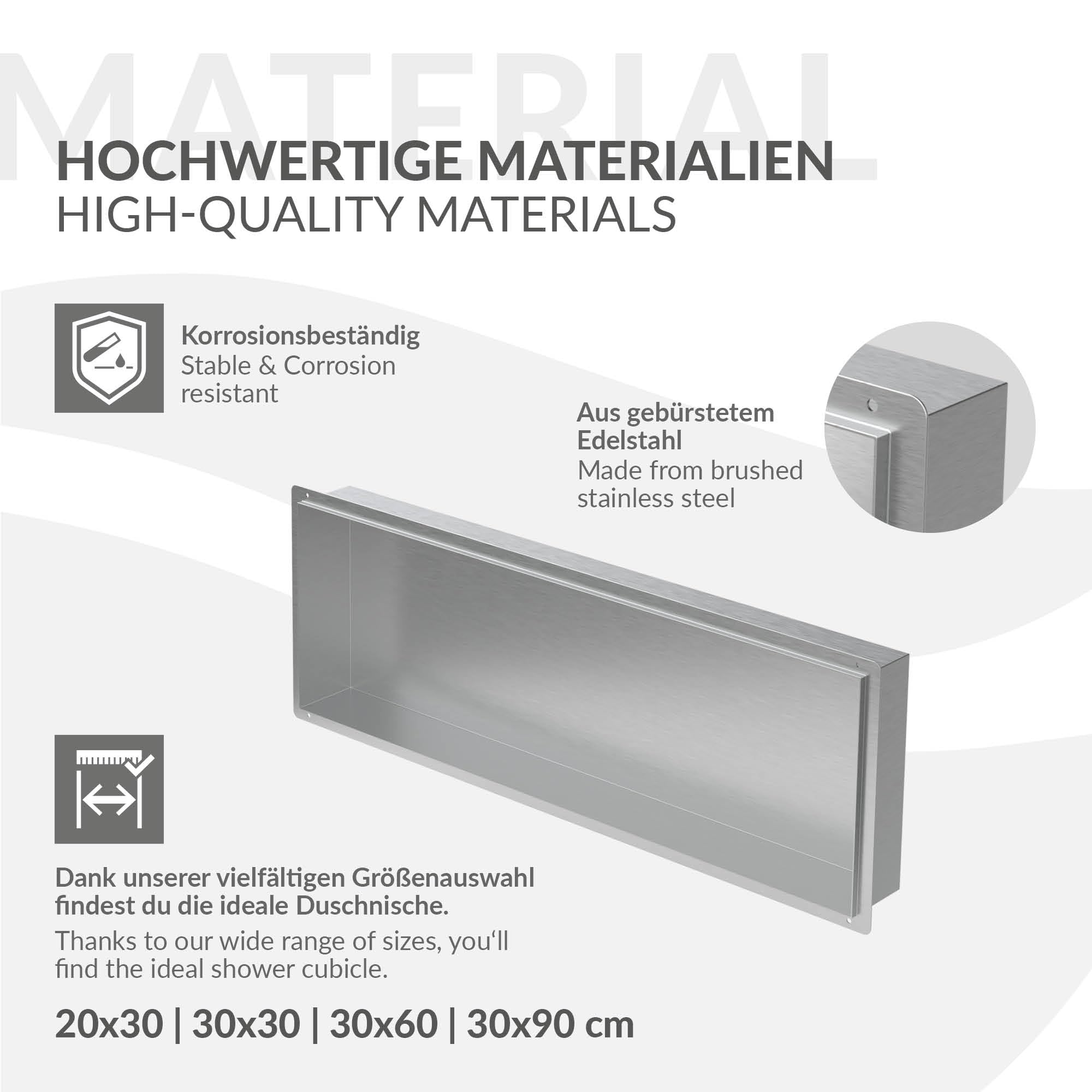 LuxeBath Niche de Douche Encastrée Murale, 90x30x10 cm, en Acier Inoxydable, Argent, sans Rebord, Étagère Encastrable Salle de Bain, Seule Couche, Rangement Articles Toilette, avec Matériel Montage