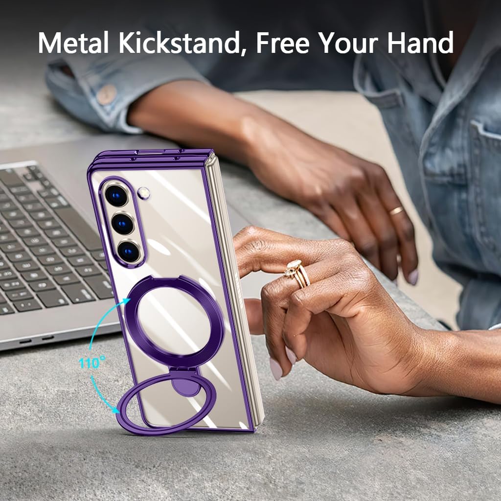 Compatible for Galaxy Z Fold 6 Case with O-Ring Stand Clear Case, Compatible with Magnetic Car Phone Mount [Wireless Charging] Slim Fit Anti-Scratch Cover for Galaxy Z Fold 6, Purple(13-17)
