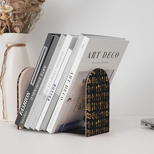 Miniatura 6 de Book Ends for Shelves 1 Pair - Retro Gold Key Print Wood with Metal Base Bookends for Heavy Books, Book Stand Organizer Holder for Books Movies Cds