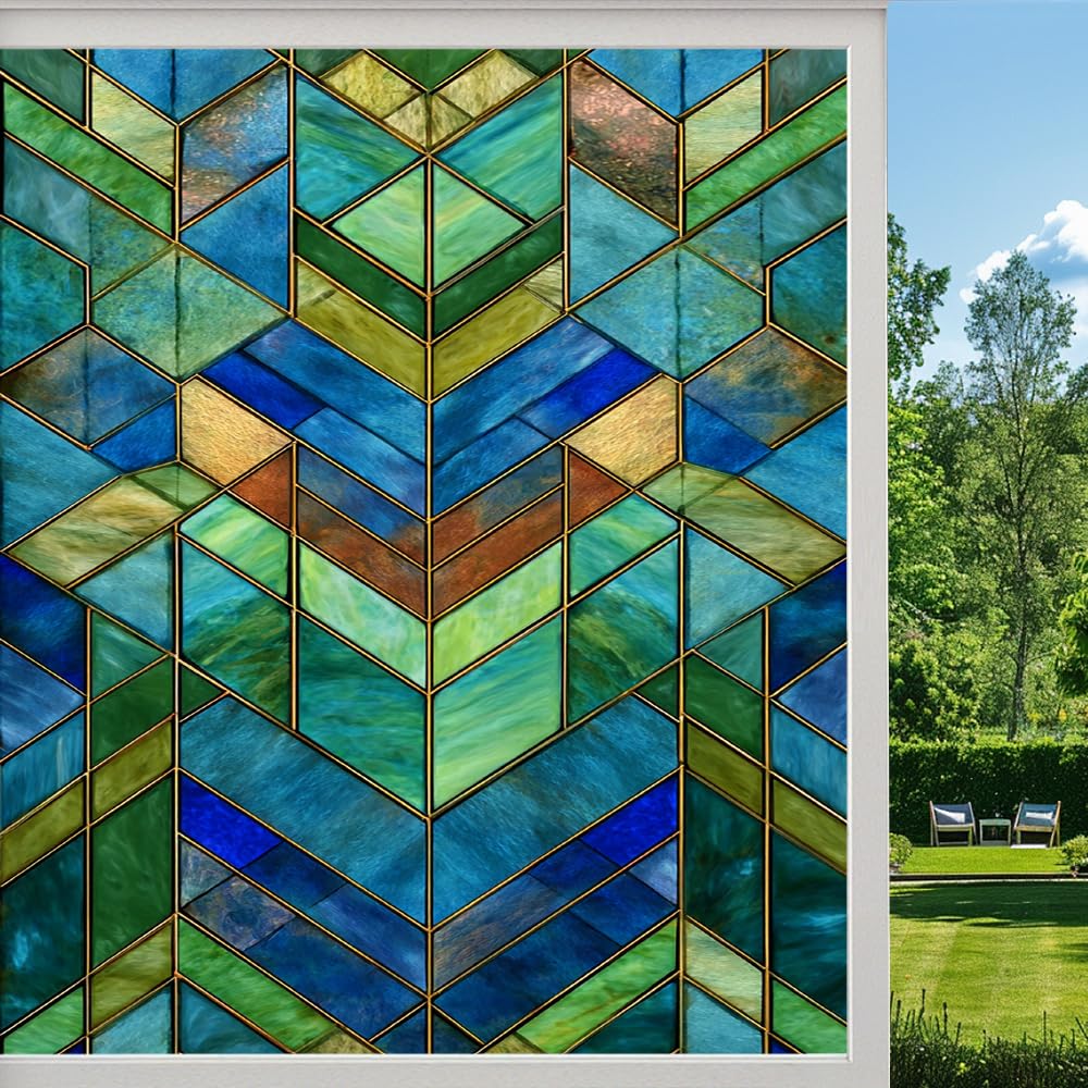 Pmlbaous Abstract Geometry Frosted Window Film, Colorful Irregular Shapes Stained Glass Privacy Film, Heat Insulation Self-Adhesive Vinyl For Bathroom Office, （45X100cm）