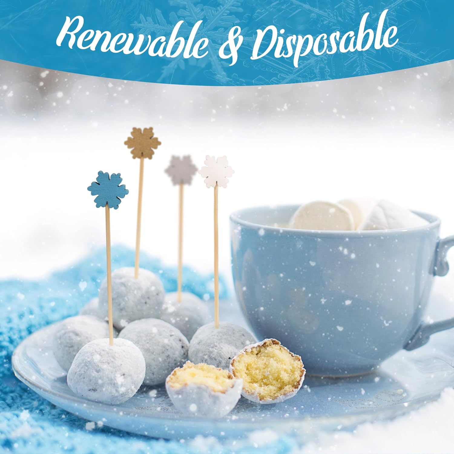 BambooMN - Winter Holiday Snowflake Bamboo Picks Skewers for Appetizers Desserts Cocktails - 5.9" (15cm) - Blue, White, Gold, Silver - 1,000pcs