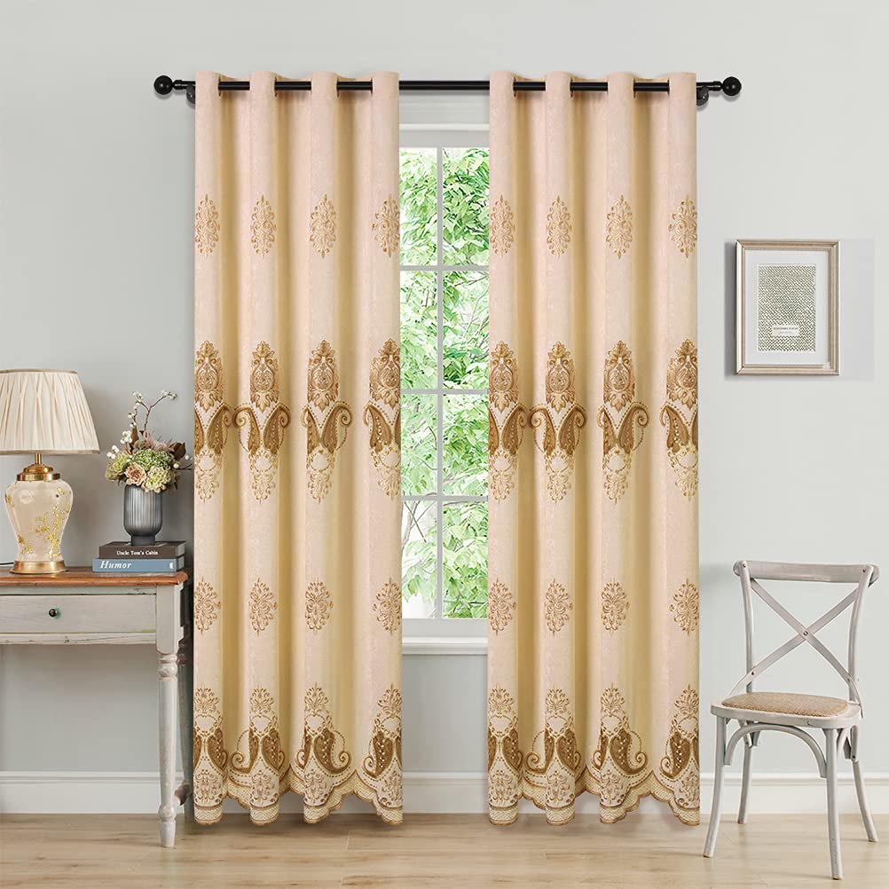 ELKCA Beige Chenille Curtain with Embroidered Pattern for Living Room European Curtains for Bedroom,Grommet Top (52" W x 96" L,Pack of 2)