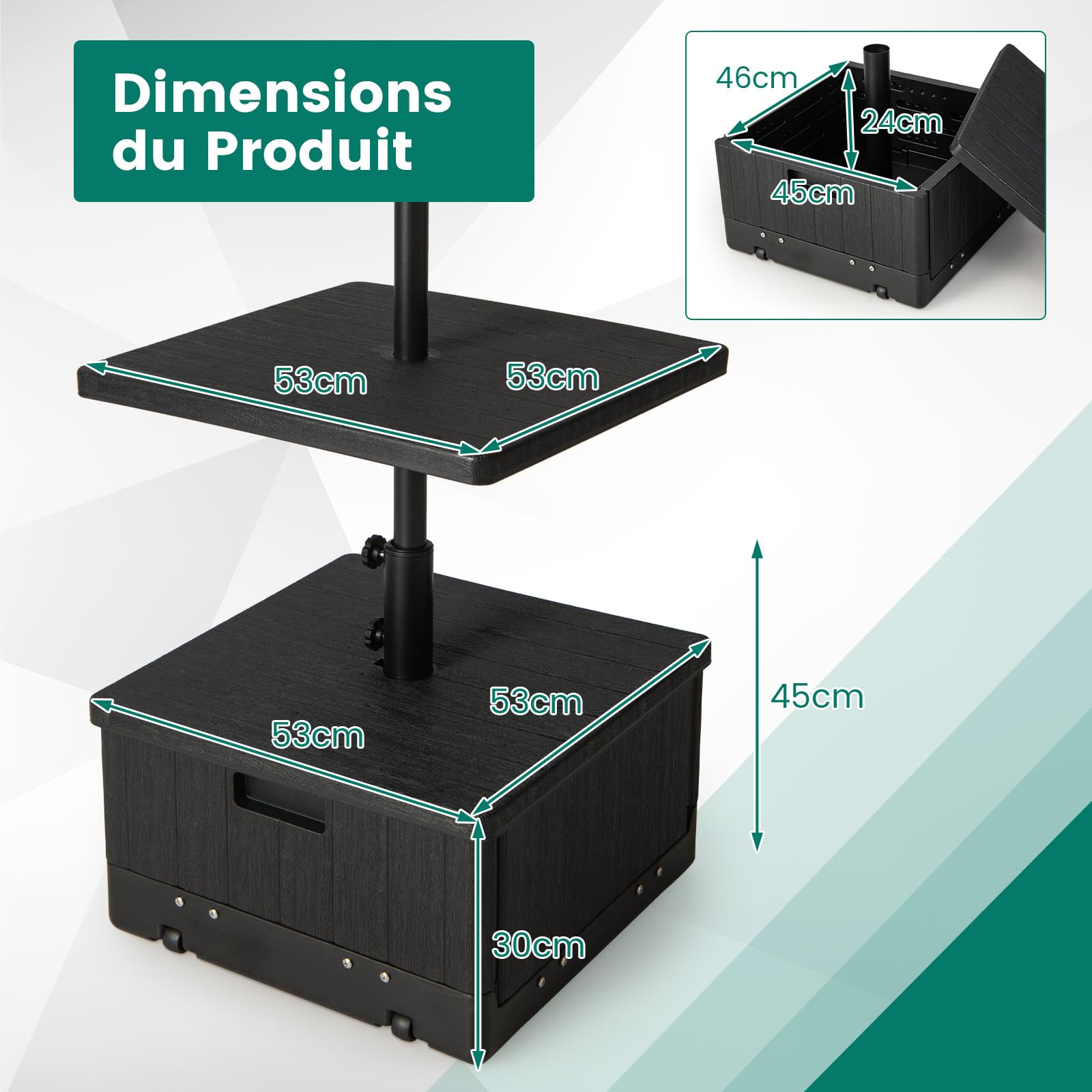 GOPLUS Base de Parasol Mobile pour Parasol de 38/48 mm, Remplissable d'eau 45L et de Sable 67KG, Bac à Plantes avec roulettes et Poignée, Plateau de Table, Sac de Poids, 2 Boutons Réglables (Noir)
