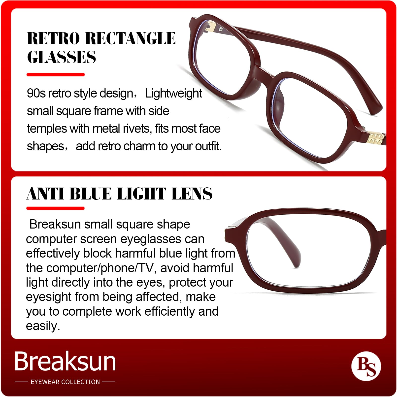 Breaksun - Lunettes rectangulaires rétro pour homme et femme, petites lunettes carrées bloquant la lumière bleue, verres classiques