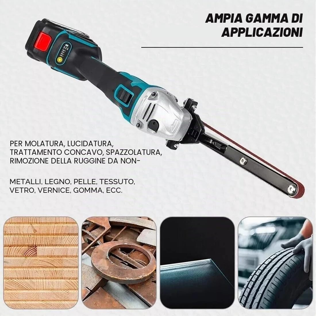 Mini smerigliatrice con 6 cinghie abrasive (60/120 ogni 3 pezzi), lucidatrice multifunzione senza fili, mini levigatrice fai da te per smerigliatrici angolari elettriche da 100/115/125 mm