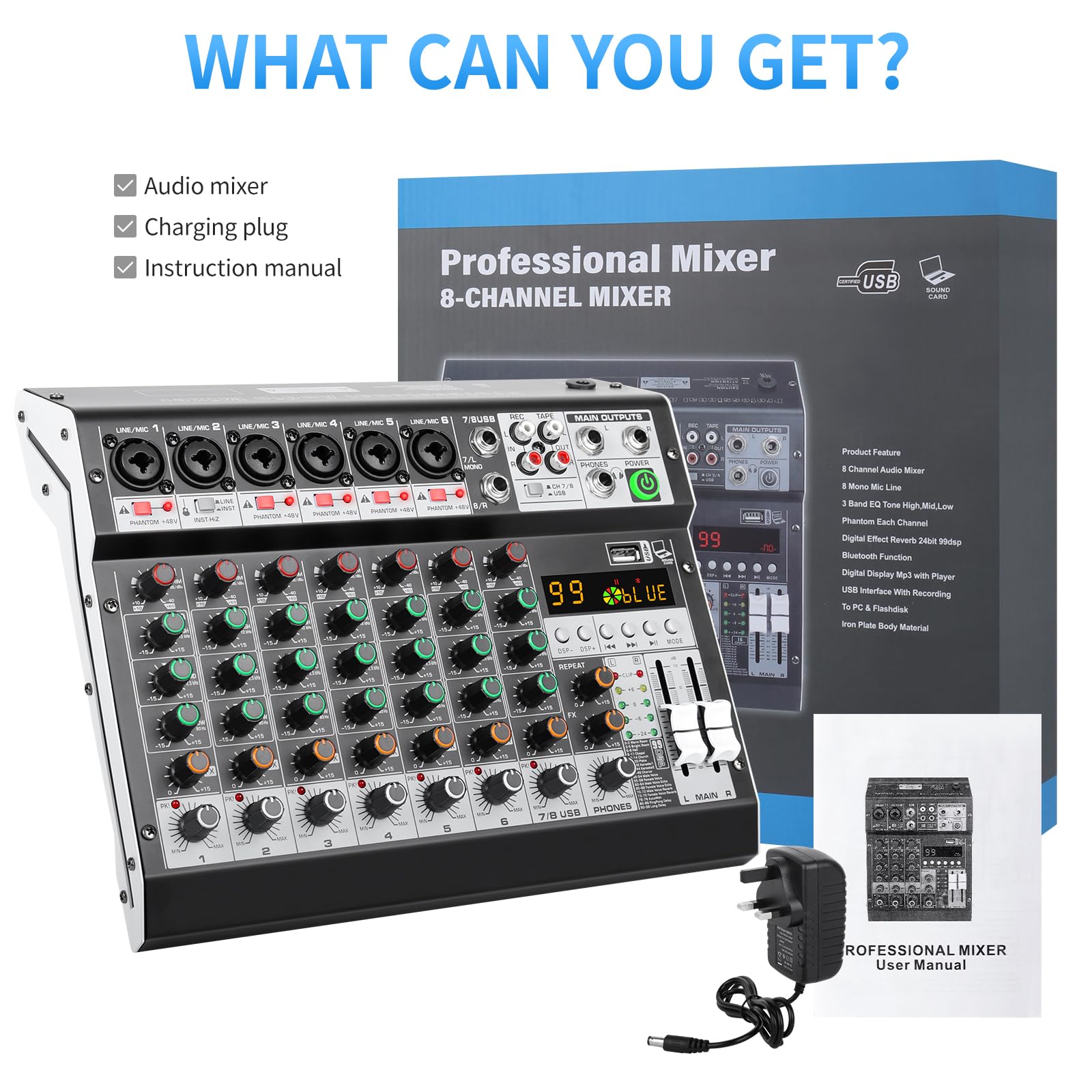 XTUGA Mezclador de audio de 8 canales de 8 m para podcasting, grabación, actuaciones, consola de mezcla de tablero de sonido DJ con 99 efectos DSP, alimentación fantasma de 48 V, Bluetooth