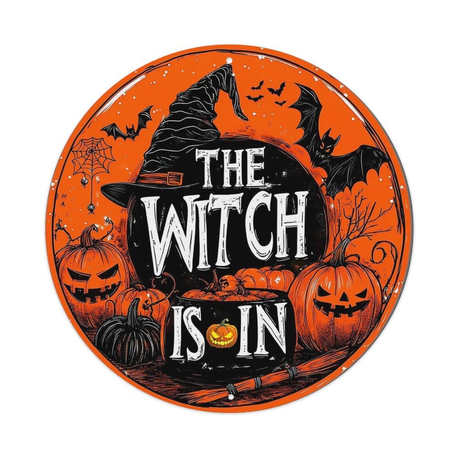 Witch Hat Pumpkins Bats Spiderweb Round Tin Sign Vintage Metal Sign Home Bar Garden Indoor & Outdoor Wall Decor Retro Metal Poster 8x8 Inch