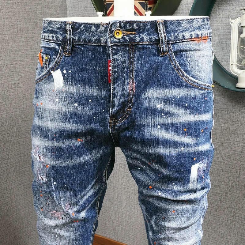 Streetwear Men Jeans Retro Elastic Slim Fit Ripped Jeans Trousers Mens Painted Elastic Hip Hop Denim Pencil Pants3