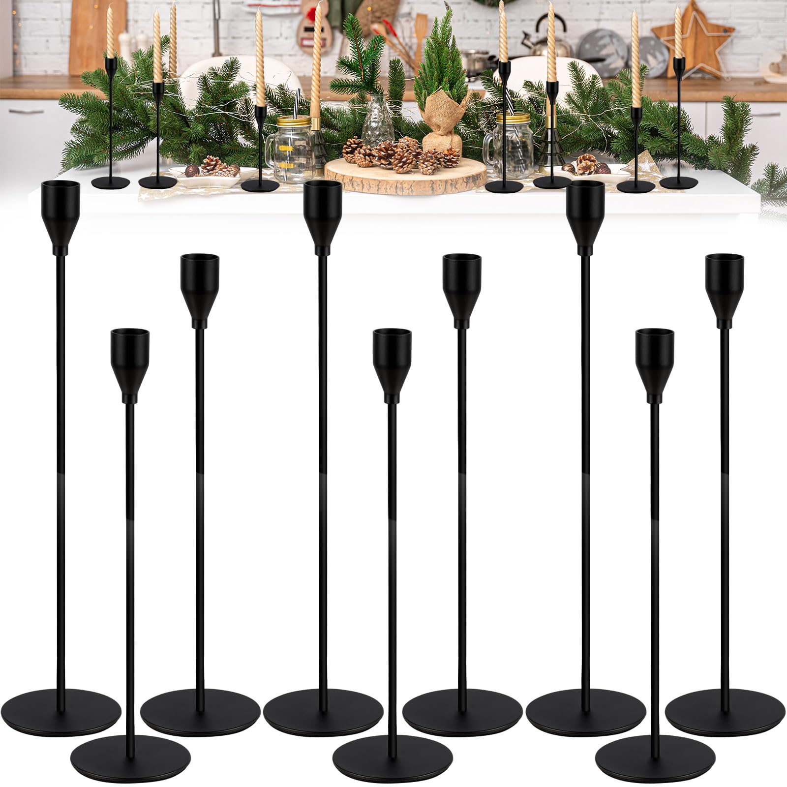BARAKYEG Black Candle Holder Set of 9, 3 Piece Vintage Decorative Stand for 2.2 cm Diameter Tapered Candles, Wedding, Housewarming Gift