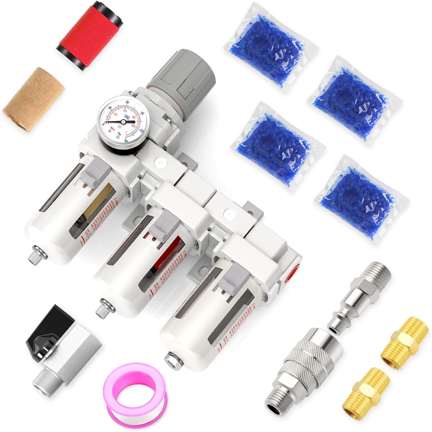 3/8" NPT 3 Stage Aluminium Air Drying System with 150PSI Gauge, Coalescing Filter, Particulate Filter, Desiccant Dryer and Air Regulator, Manual Drain For Plasma Cutter and Paint Spray