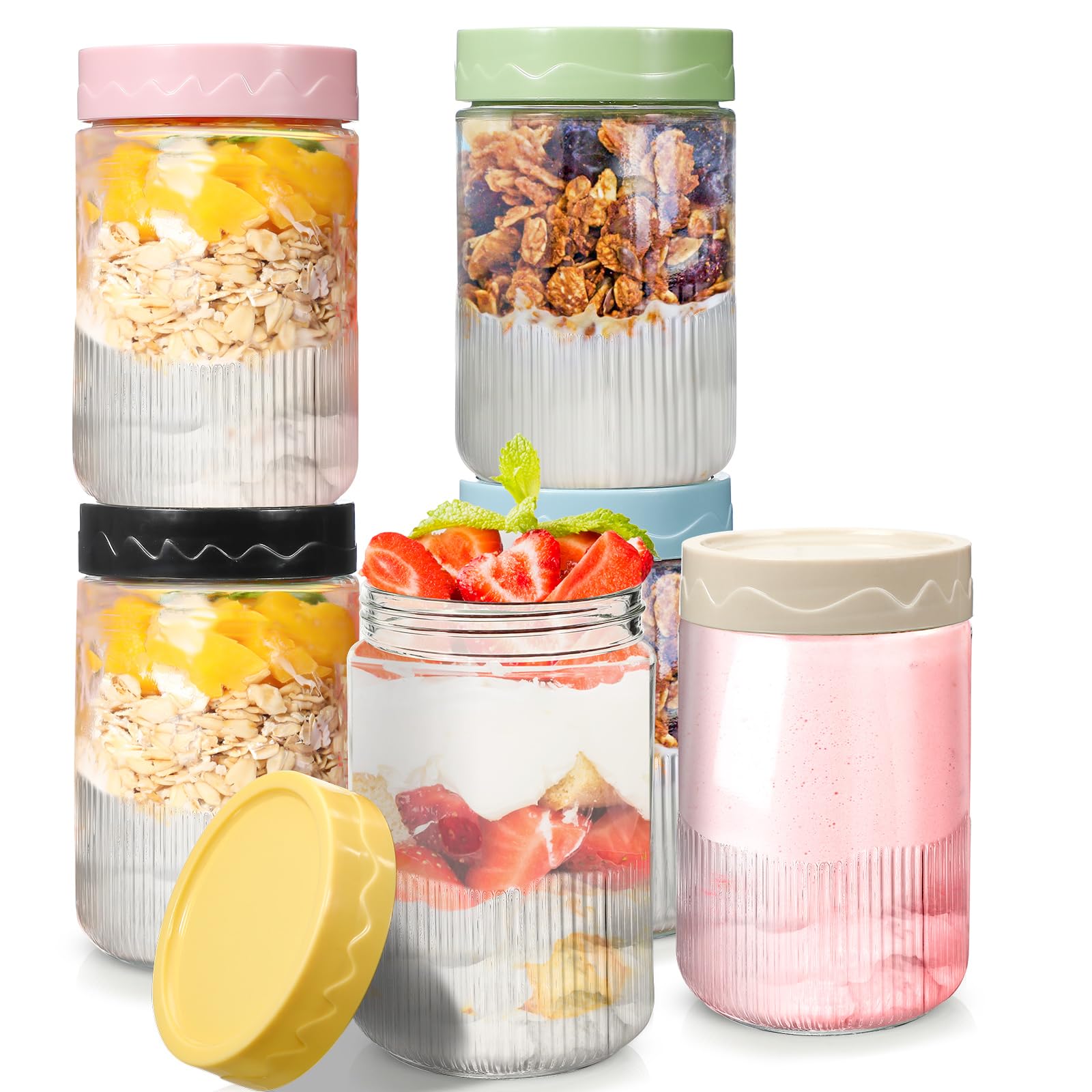 6 Pcs Overnight Oats Container with Lid Overnight Oats Jars Glass Airtight Mason Jars Colorful Overnight Oatmeal Storage Container Fresh and Long Lasting for Milk Cereal (16.9 oz)