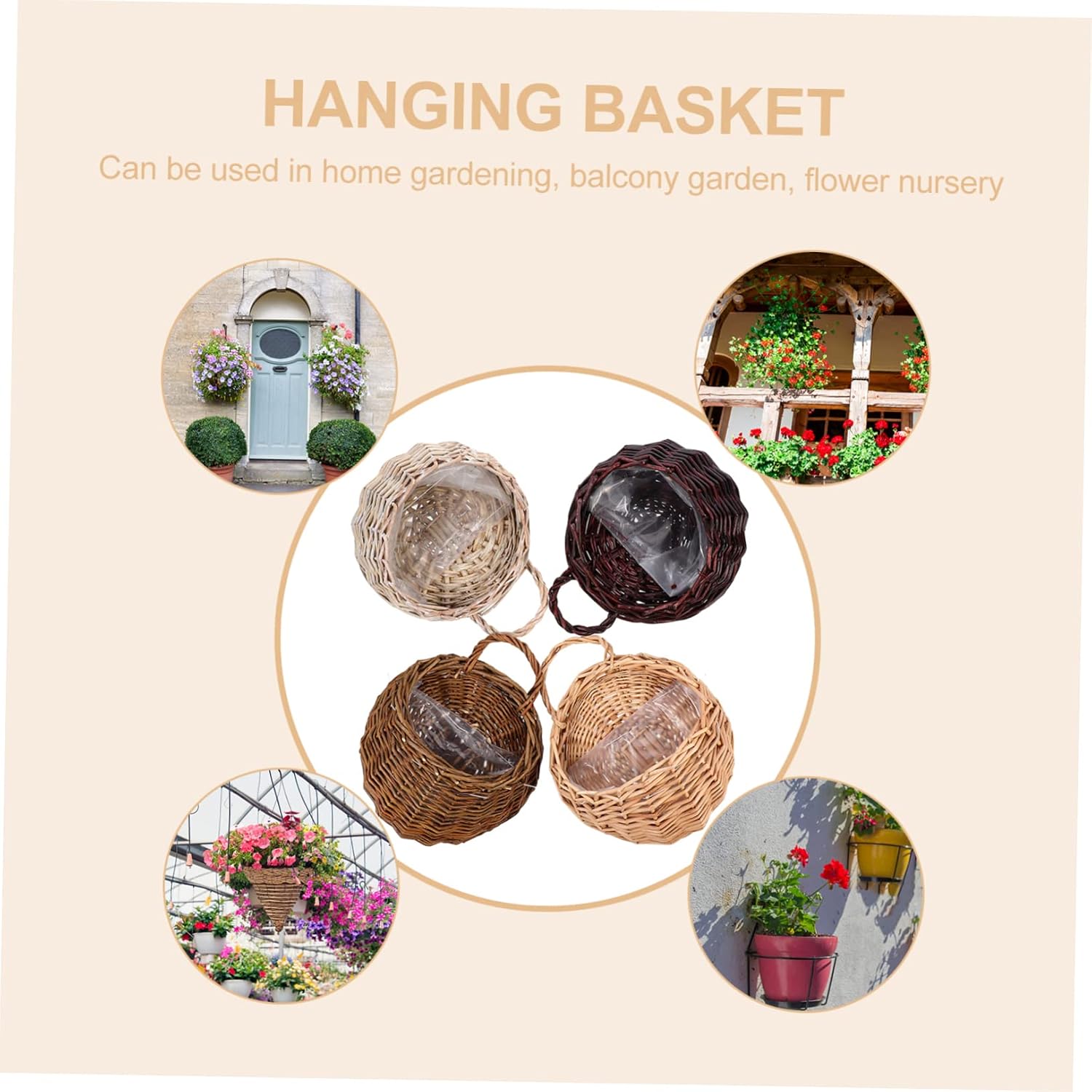 MERRYHAPY Rattan Baskets Set of 4 White Woven Hanging Plant Baskets Garden Flower Pot for Home Decor