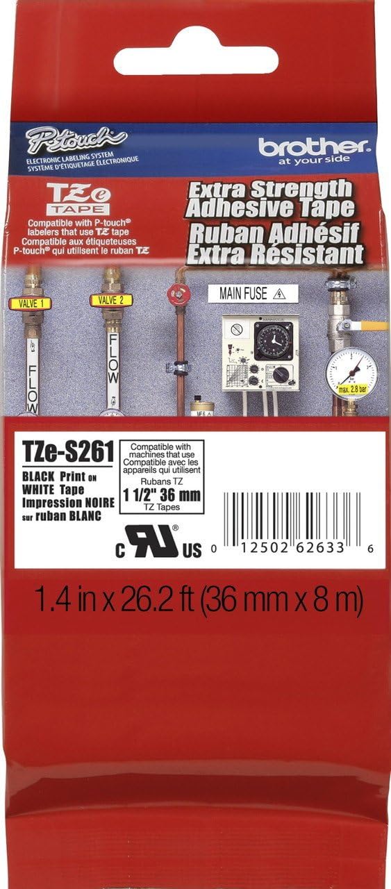 Brother 1-1/2" (36mm) Black Print on White Extra Strength Adhesive P-Touch Tape for Brother PT-9600, PT9600 Label Maker