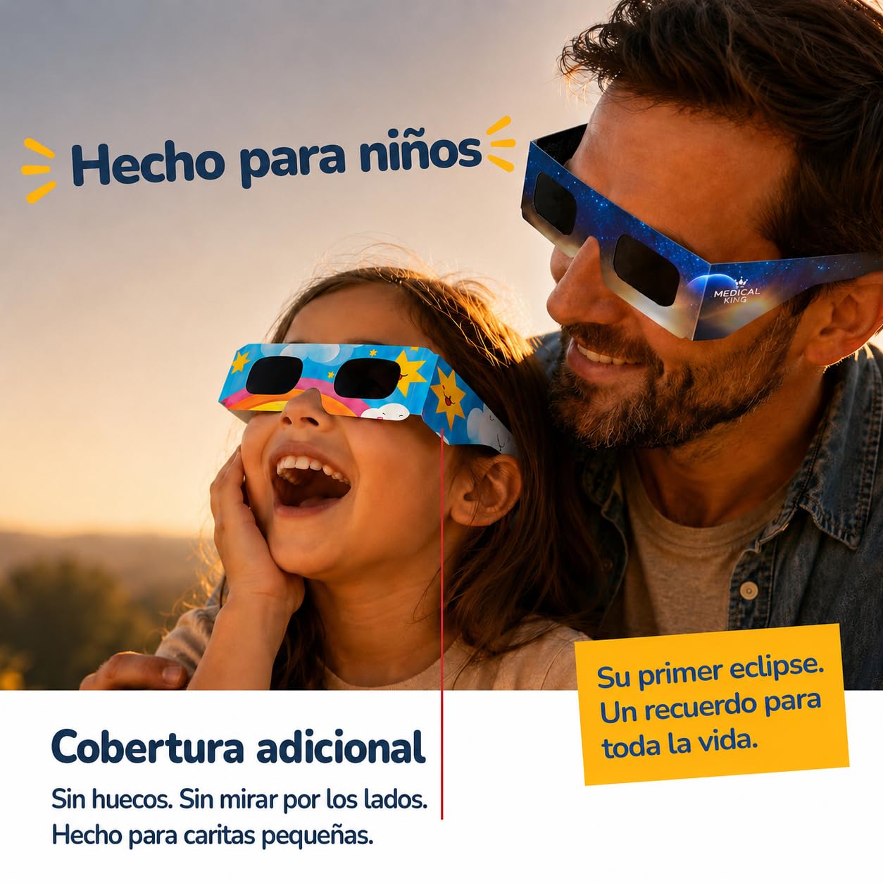 Medical king Gafas Eclipse Solar Homologadas ISO 12312-2 - Viene Con 2 Lentes Fotográficos Para Smartphone Aprobados según la norma ISO, con certificación CE: Gafas para ver eclipses solar 2026