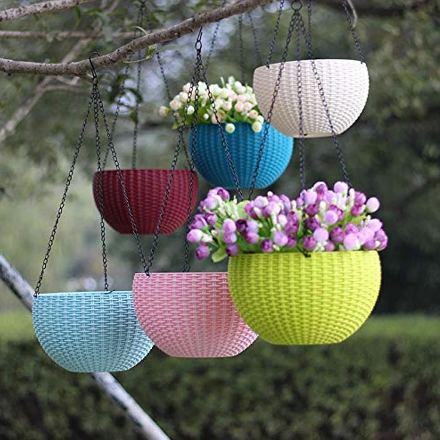 Oblivion Hanging Pots for Plants 6 Pcs – Multi-Color Plastic Round Shape Flower Pots with Chian Hooks for Balcony, Garden and Home Decor – Lightweight Indoor and Outdoor Decorative Hanging Planters