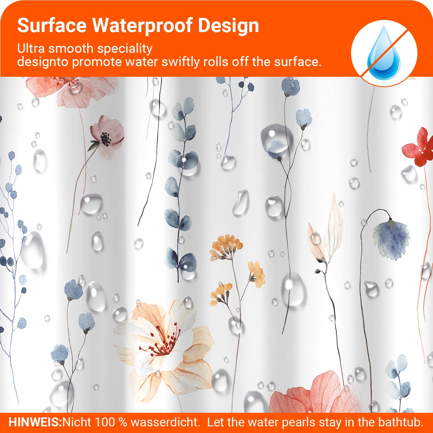 Lerores Shower Curtain, 120 x 200 cm, Coral Flower, Weighted Hem, Anti-Mould, Water-Repellent - Image 2