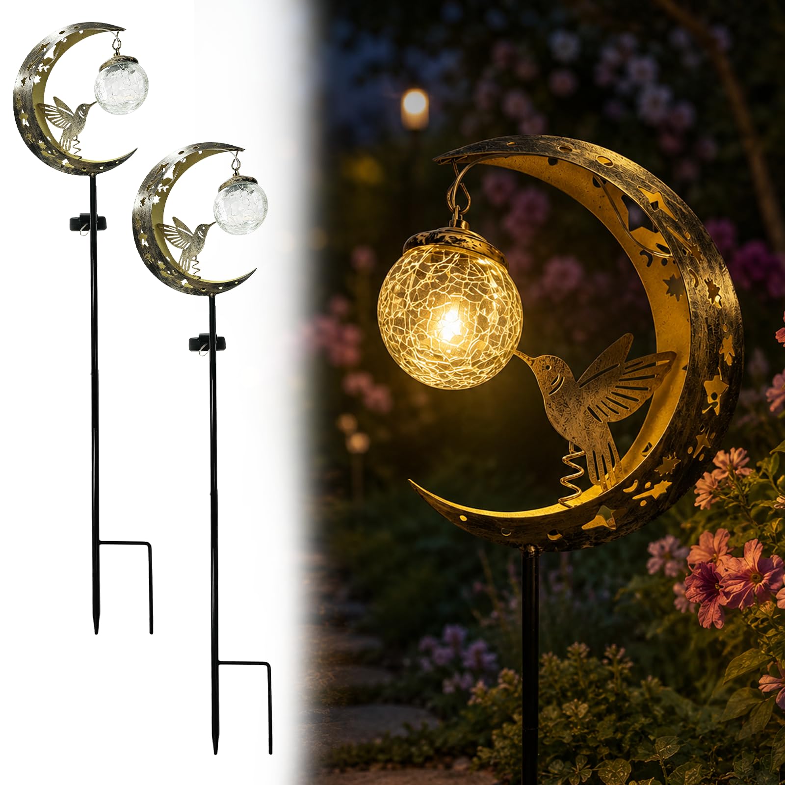 Hummingbird Moon Solar Lights Garden, Waterproof hummingbird moon solar garden stake light, Hanging Solar Crackle Glass Globe Warm LED Light, for Outside Yard Pathway Lawn Patio Decor Gifts (2 Pack)