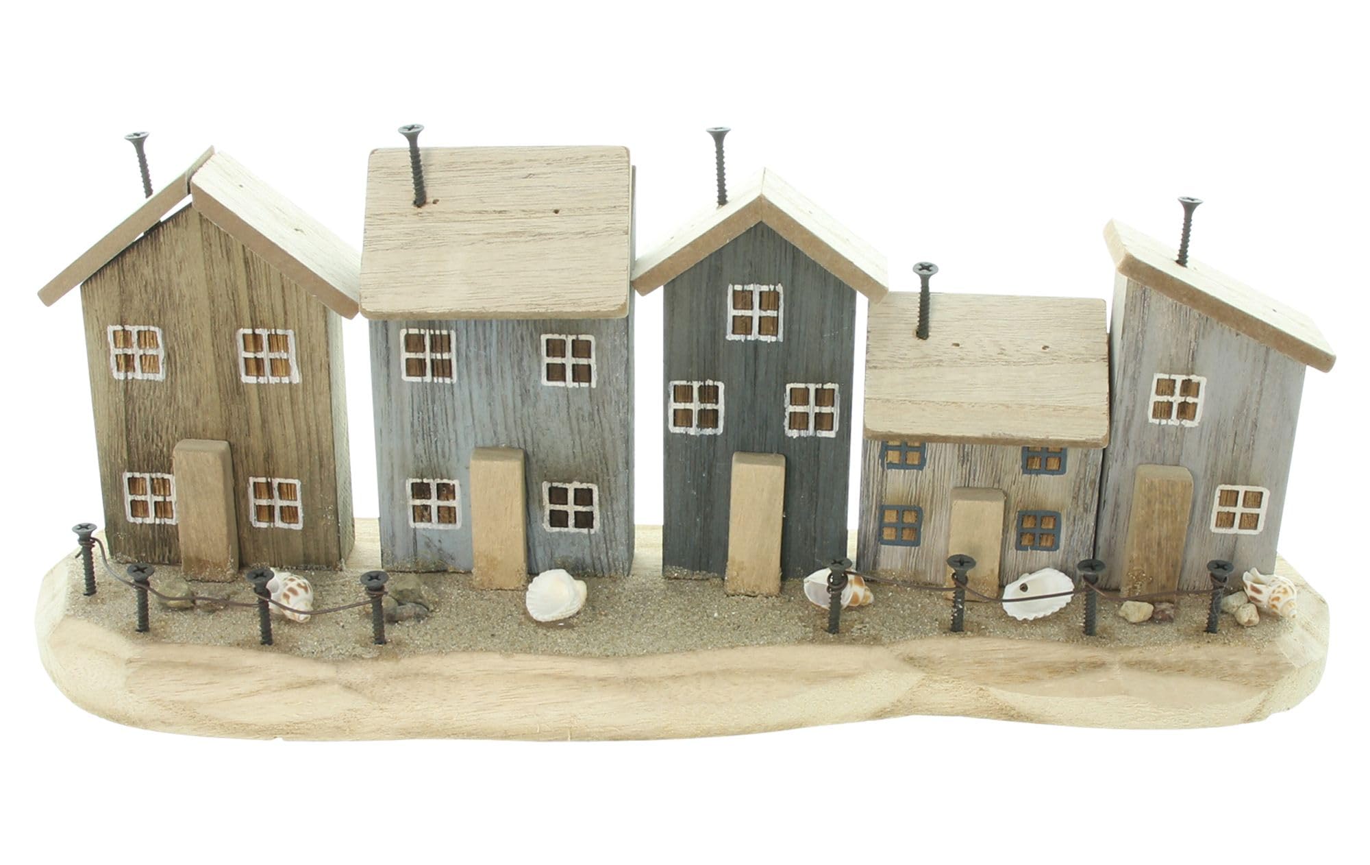 Dekohäuser Strandpromenade, Holz, Metallnägel, Muscheln Maße: ca. 39,5 x 15 x 10,5 cm