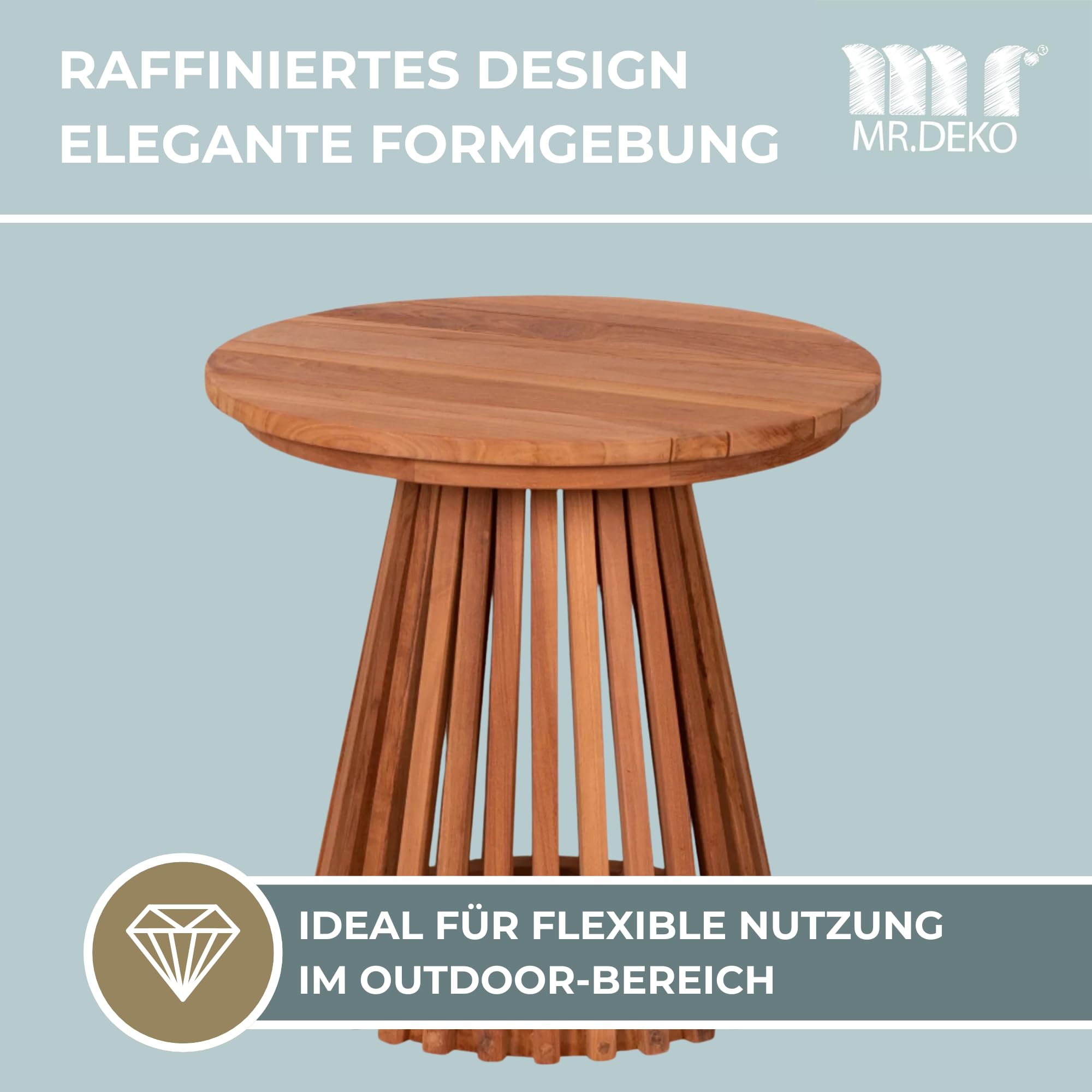 MR. DEKO Beistelltisch Outdoor wetterfest Bolton Balkontisch Rund 50cm | wetterfest Teakholz small