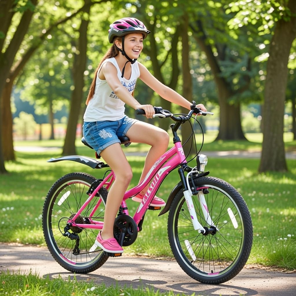 Talson 24 Zoll Mädchen Fahrrad MTB mit Beleuchtung und Shimano 21-Gang Kinderfahrrad Rosa