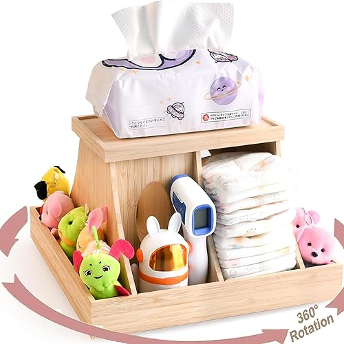 Organizador de pañales de madera para bebé, 360 grados giratorio de bambú con divisiones extraíbles, organizador de pañales para guardería