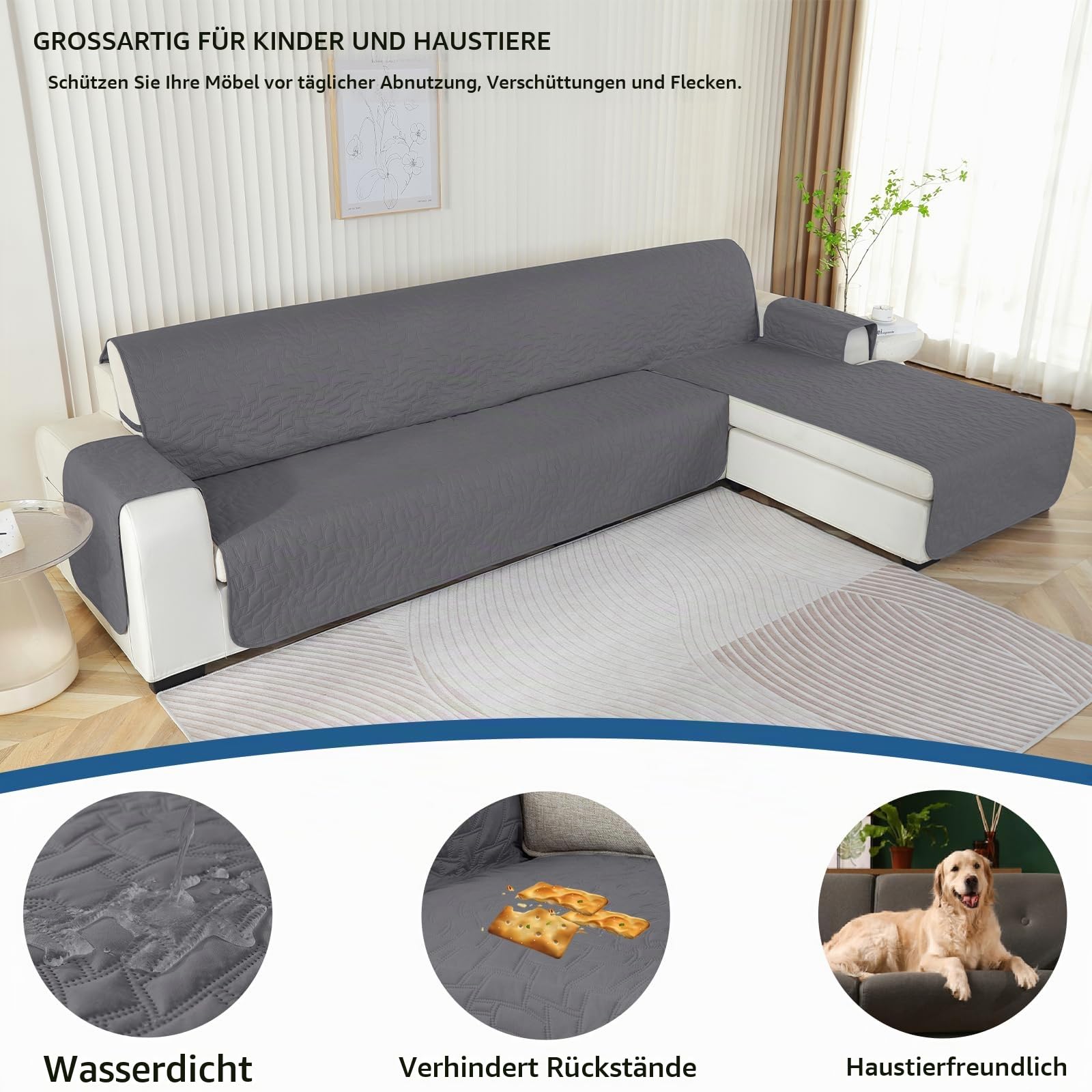 Ystyle Universell Sofabezug L Form 3 Sitzer (255CM, Hellgrau) | Couch Überzug Ecksofa L Form Wasserdicht, Sofa Überzug L Form Rutschfest, Kratzfest Sofa Cover L Shape, Modern Sofaüberwurf