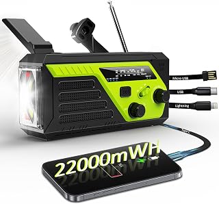 Emergency Crank Radio 22000mWh AM/FM NOAA Weather Radio with 4 Charging Cables, Flashlight, Reading Light, SOS Alarm, Phone Charging Hand Crank Radio for Home Outdoor Emergencies.