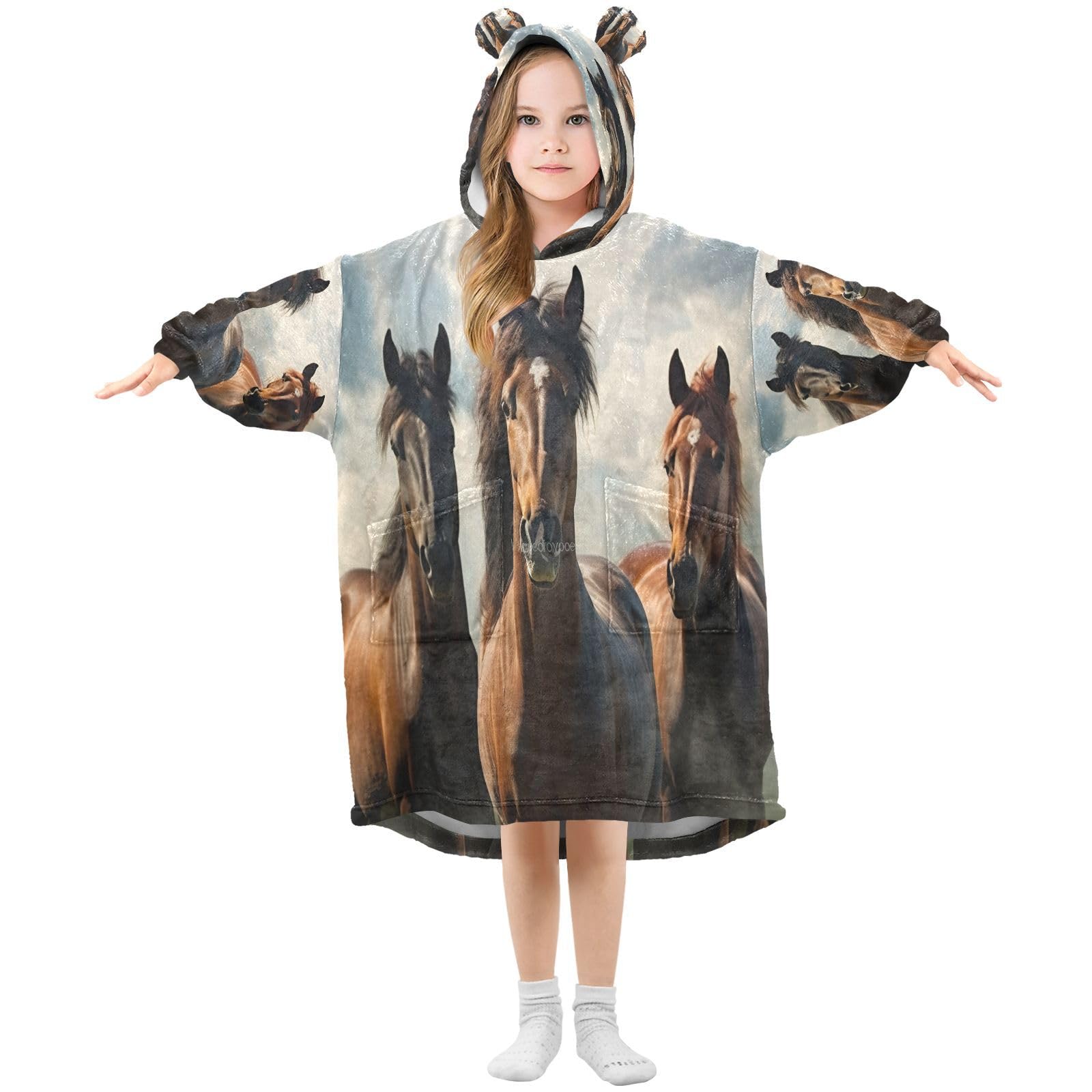 Cgiub Horse Wearable Blanket Hoodie for Kids Warm Cozy Oversized Hooded Sweatshirt Blanket with Pocket