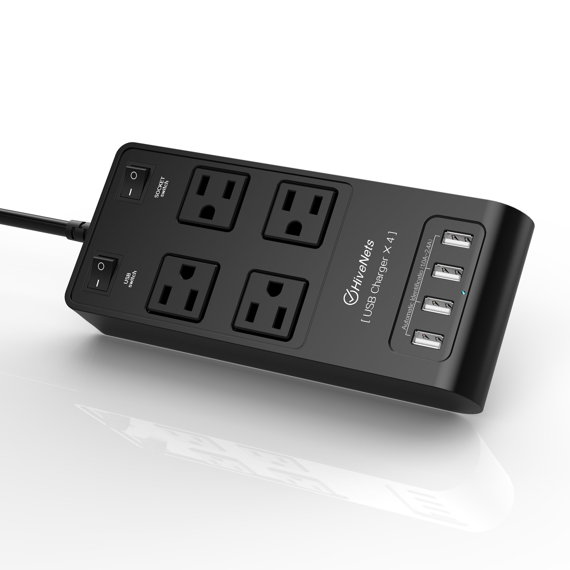 HiveTech USB Power Strip Home and Office Surge Protector 4 Outlet with 4 USB Smart Charger (Black)