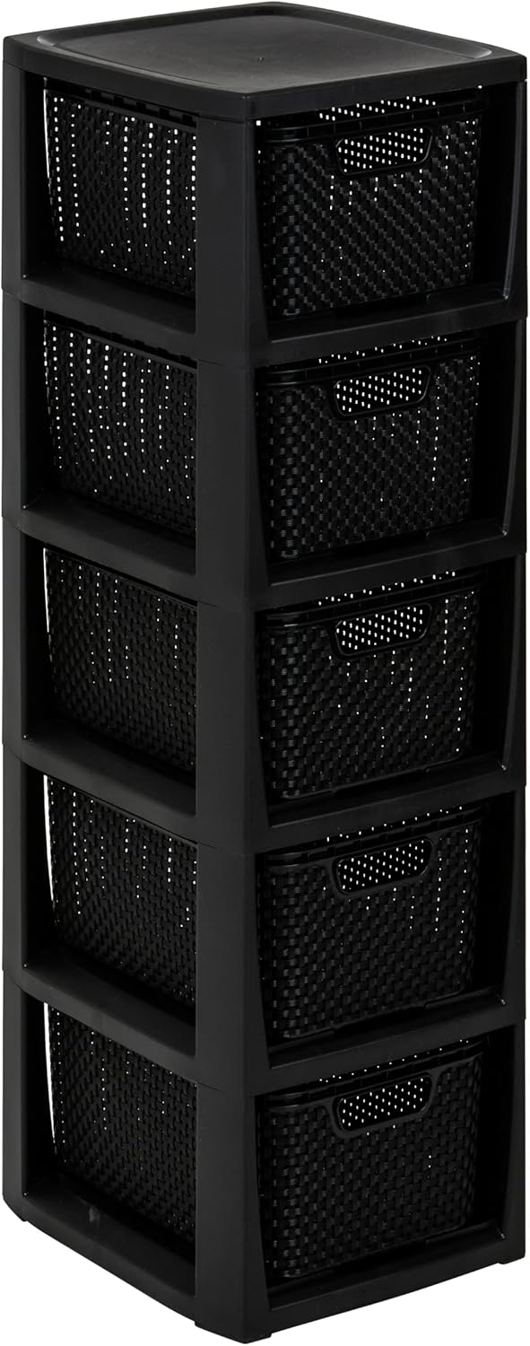 Shelf in Rattan Design, BPA-Free Plastic PP (polypropylene), Black, 29.5 x 24 x 80 cm, 5 Baskets