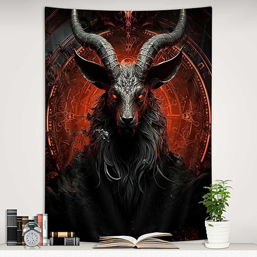 Miniatura 5 de YDIDIAN Tapiz de cabeza de cabra demonio, tapiz oculto de bruja gótica roja y negra, tapiz hippie de los años 70 y 80 para colgar en la pared para
