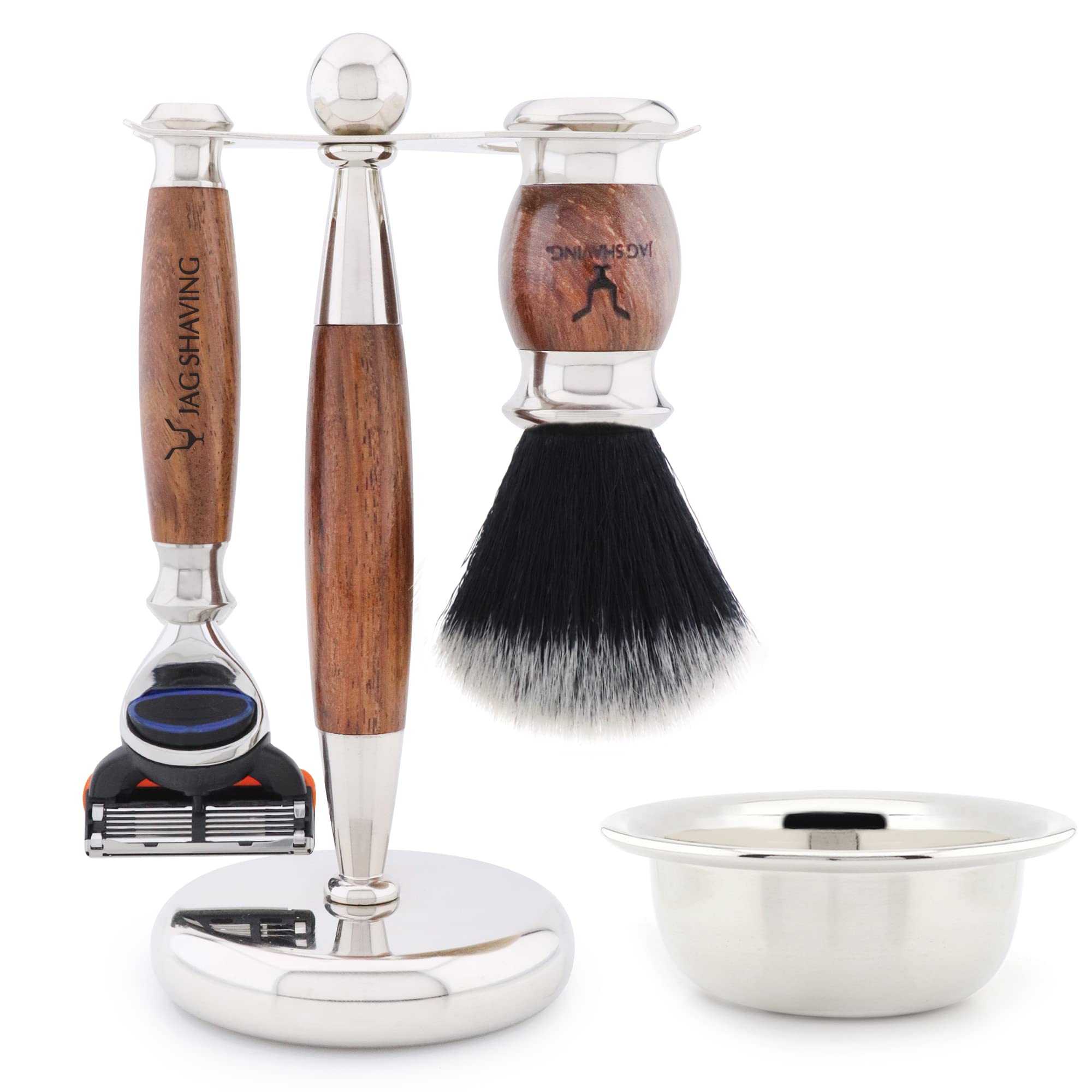 Jag Shaving Rasierset - JAG's LEE Range 4-teiliges Rasierset - Schwarz Synthetikhaar Weißspitz Rasierpinsel - 5 Rasierklingen Rasierständer aus Edelstahl und Holz - Rasierschale - Holz Set