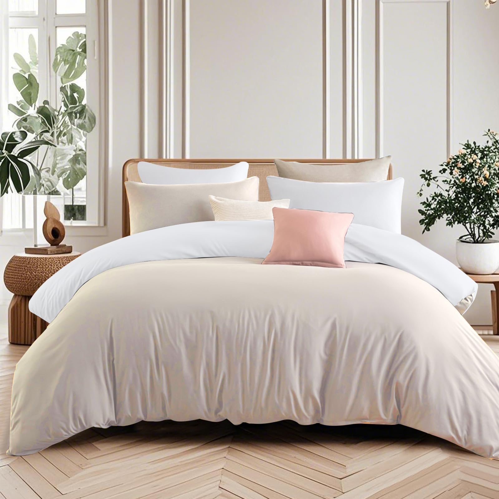 Soifox Superking Duvets Sets Beige and White, 3 Piece Microfiber Reversible Super King Bedding Bed Sets, Soft and Non Iron Quilt Duvet Covers with 2 Pillowcases 50x75cm โ image 1