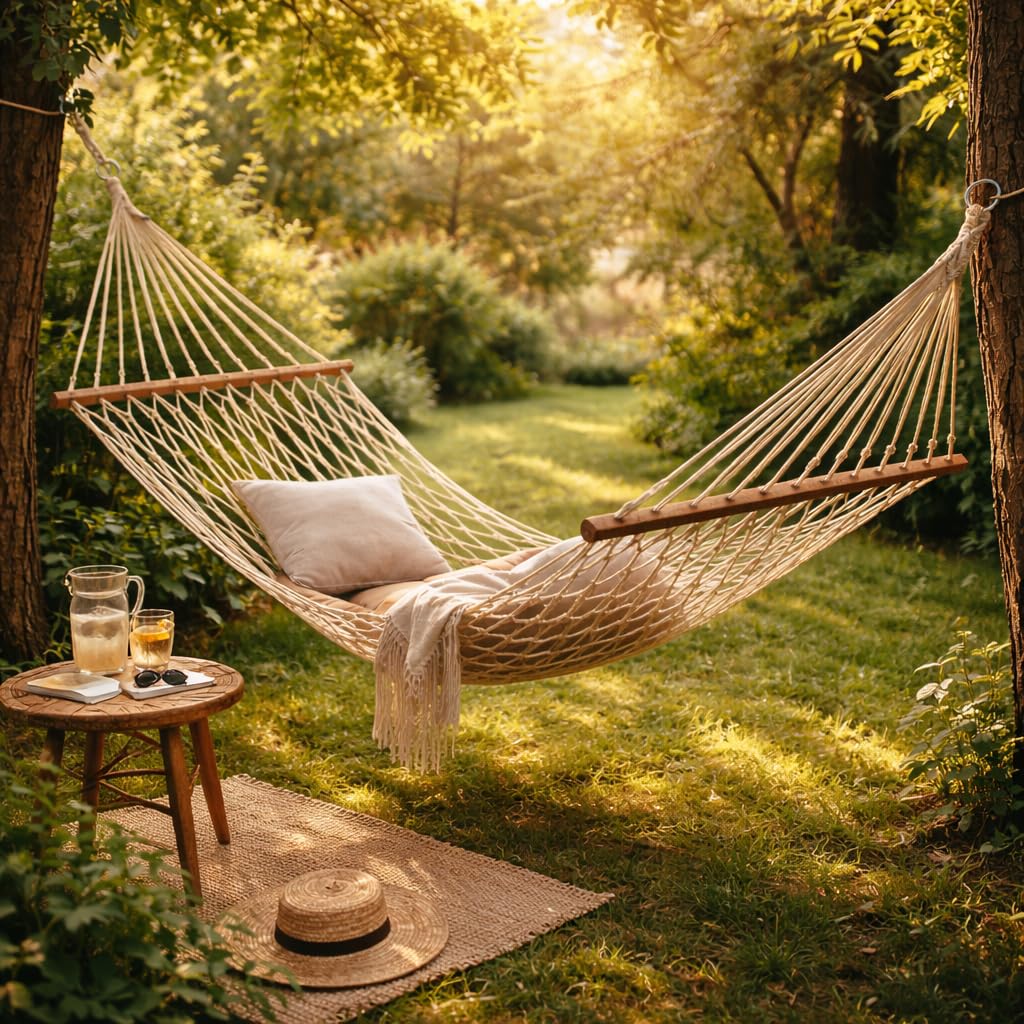 Hamaca Macramé de 270 x 80 cm (Zona Útil 190 x 80 cm) Hamaca de Red Estilo Boho para Jardín Terraza Interior Camping Campers o Caravanas Bolsa de Transporte incluida