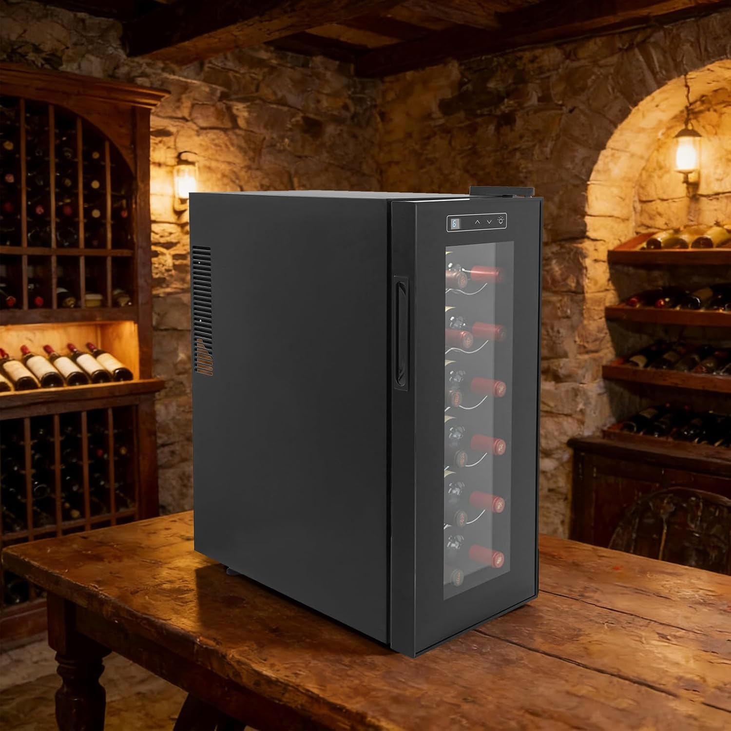 12 bottle Wine Cooler Refrigerator, Freestanding Compressor Wine Fridge with Adjustable Temperature and Digital Control, Mini Fridge with Glass Door for Red White Wine, Beer, Black