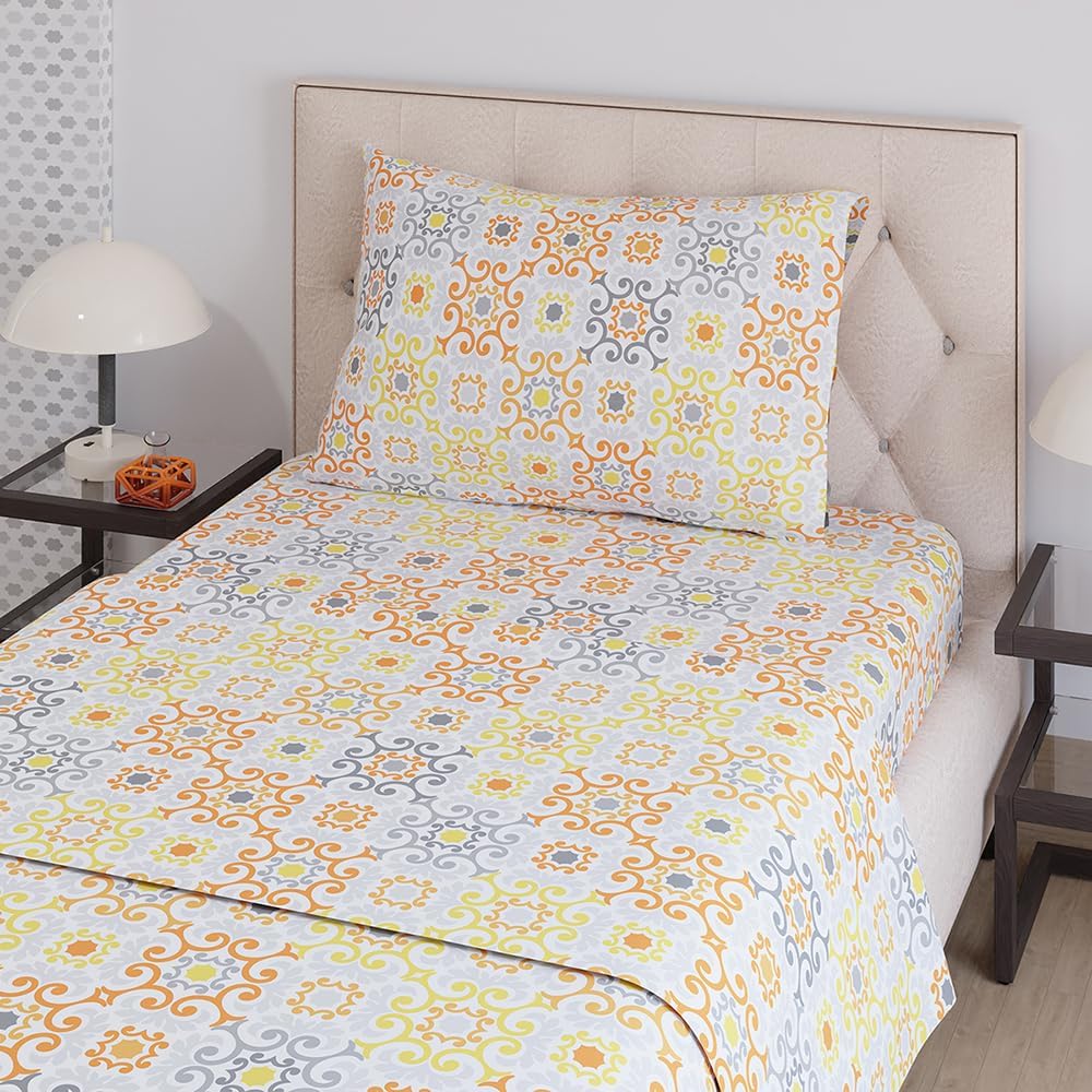 Zen Cotton Blend Single Bedsheet Set (Oeko Tex Certified) | 1 Single Cotton Bedsheet & 1 Pillow Cover | Breathable & Anti-Wrinkle | 225 CVC | (Paisley Print, Orange)