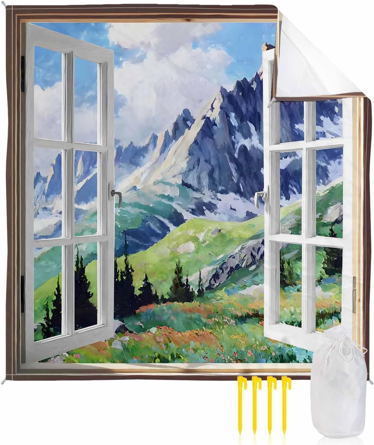 Teamery Beach Blanket 83x79in Window View Mountain Waterproof Sandproof Mat, Watercolor Landscape Art Outdoor Picnic Mat Beach Accessories for Travel Camping Hiking
