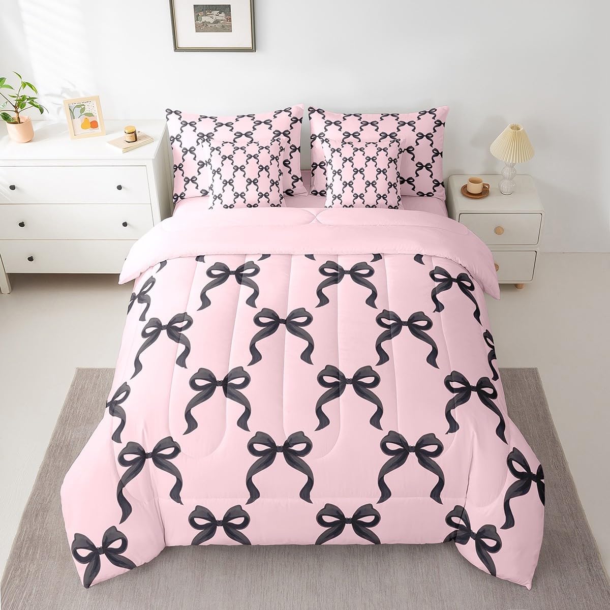 Manfei Black Bowknot Bed Set in a Bag 7 Pcs,Princess Style Bow-tie Pink Black Bedding Set,Dreamy Fairy Tale Bow Crossed Patchwork Comforter with Fitted,Flat Sheet,Pillowcase,Pillow Covers,Queen
