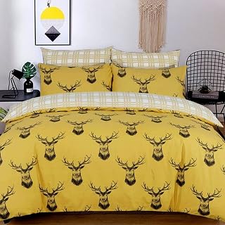 DTEX HOMES 100% Cotton Duvet Cover Set Printed Reversible Duvet Quilt Cover Set,Stag Mustard-King