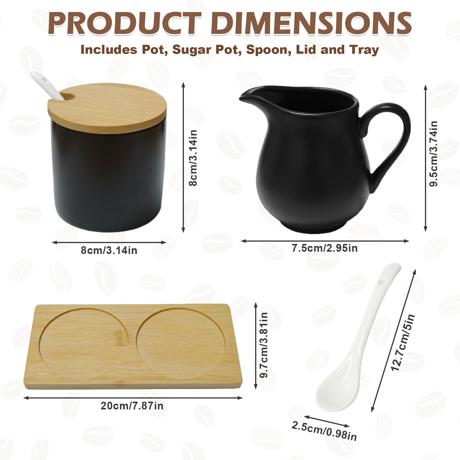 Set di latte e zucchero in ceramica con coperchio, brocca per il latte e zuccheriera su vassoio di legno, elegante servizio per il caffè, adatto al microonde e alla lavastoviglie (nero)
