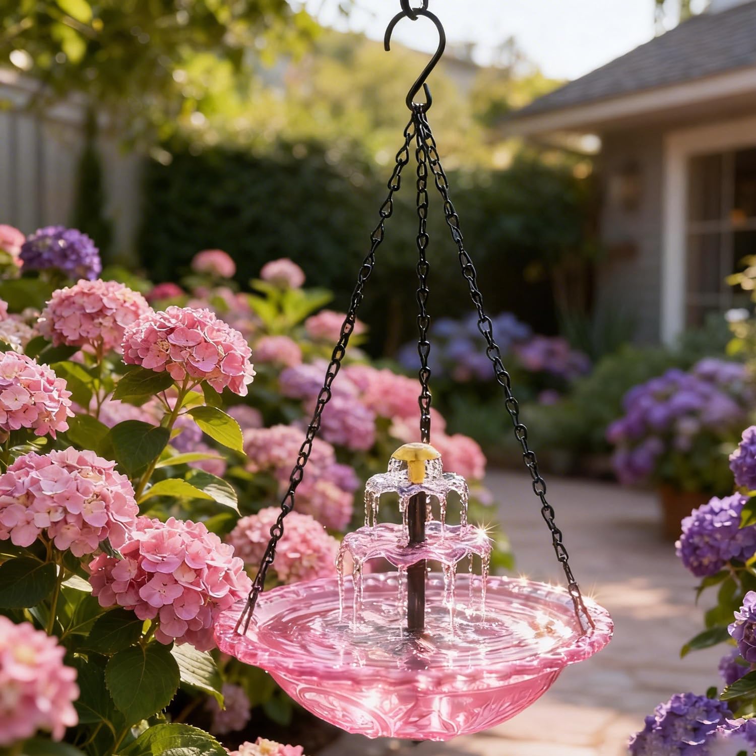 Ground-Mounted&Hanging solar-powered bird bath,2026New three-tiered bird bath with recirculating water design, suitable for gardens and backyards,attracts birds. (Pink hanging style)