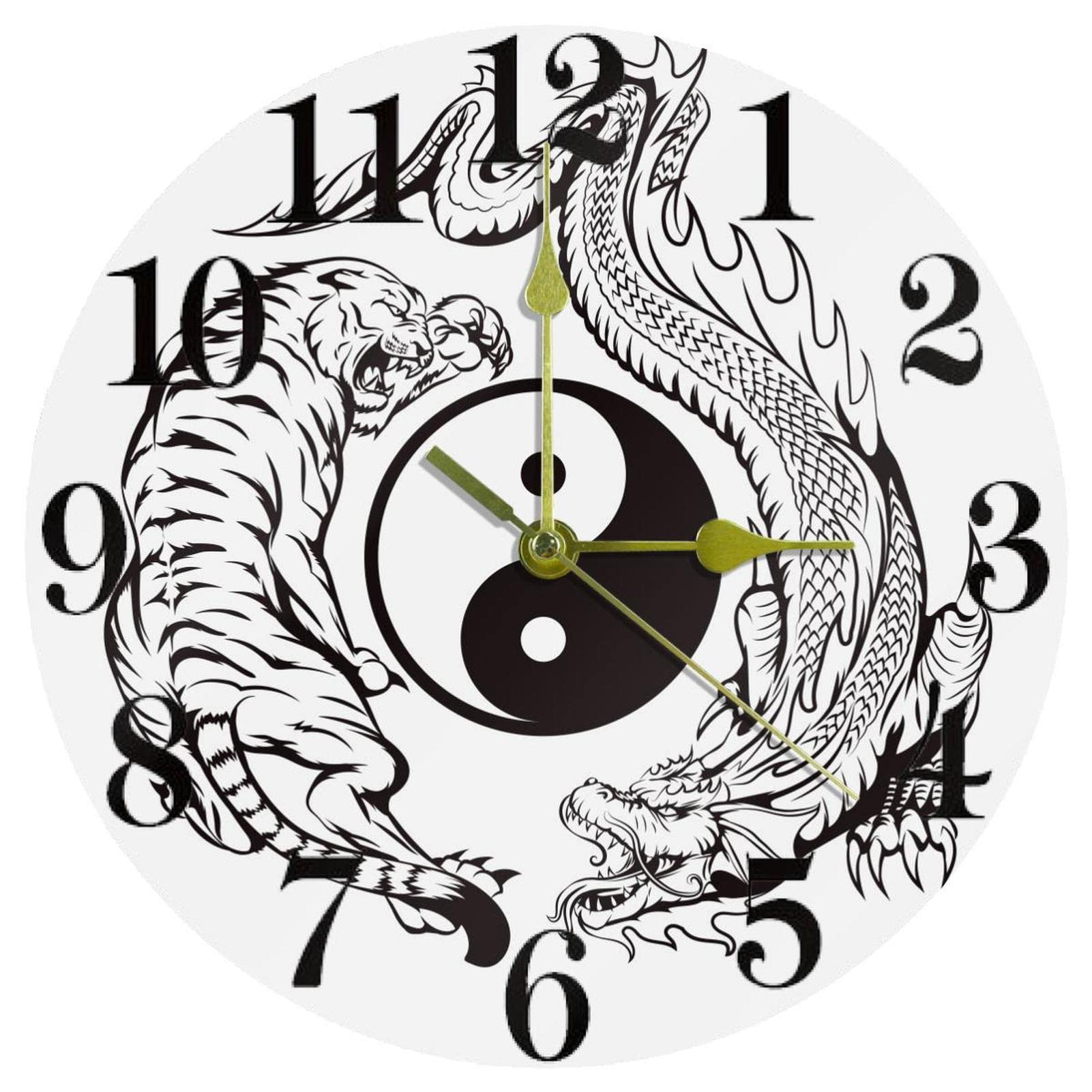 Horloge murale Dragon et Tigre 25,4 cm sans tic-tac ronde fonctionne à piles pour maison