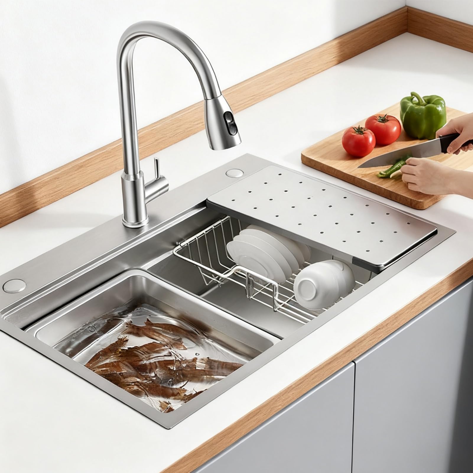Fregadero de Cocina Profesional 85x50 de Acero Inoxidable con Revestimiento Nano, Seno Único Profundo 22cm, Diseño Artesanal Extra Grande con Colador y Accesorios de Desagüe.