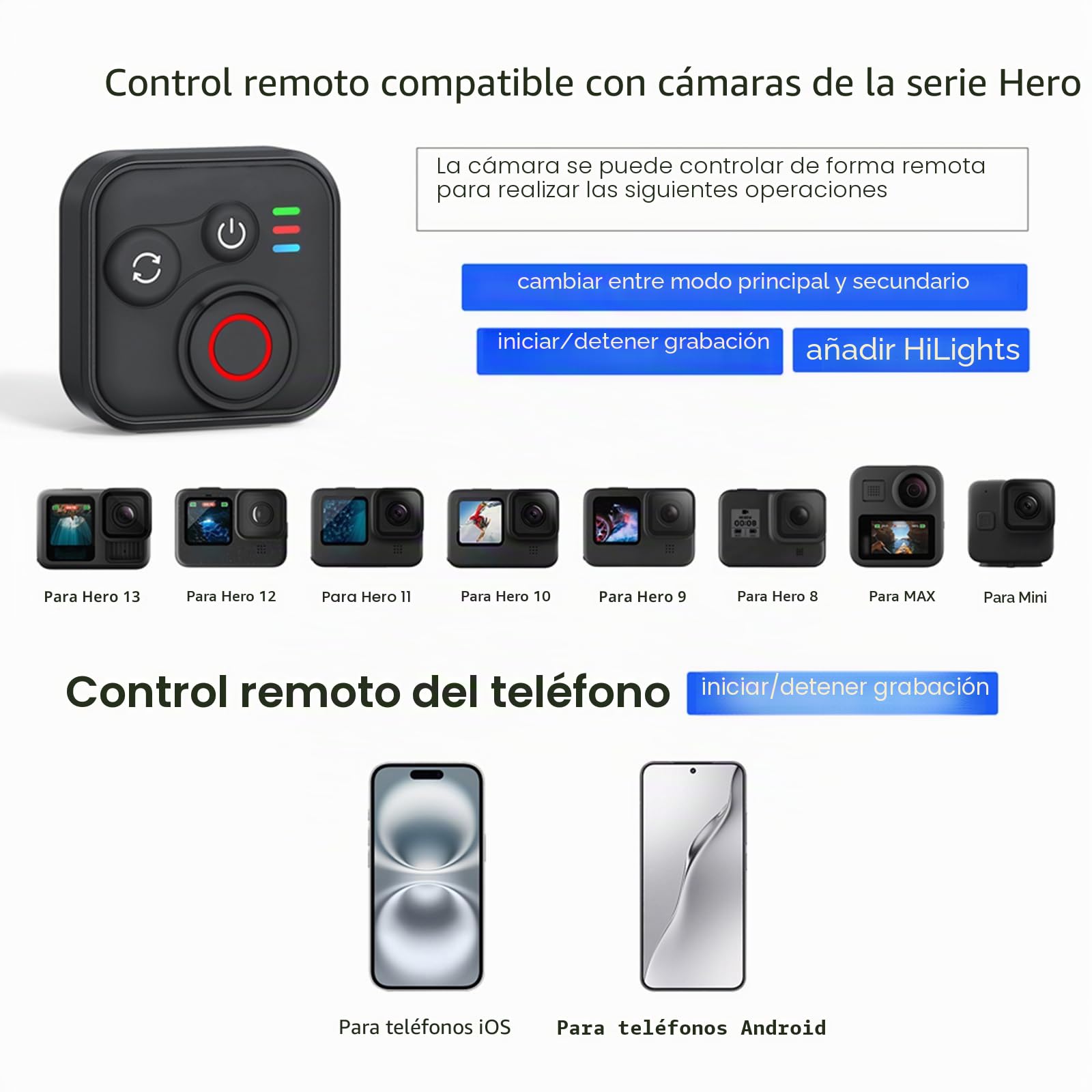 Mando a distancia Bluetooth para cámaras Insta360 X5/X4/X3/Ace Pro 2/Ace Pro/GO3S/GO3/GoPro Hero 13/12/11, alcance de 50 m, resistente al agua 96 h, carga rápida BT5.1